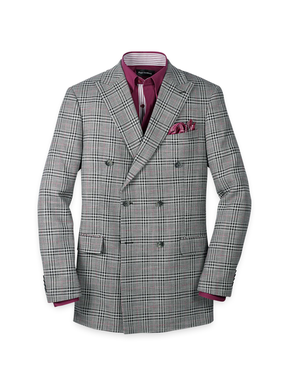 Black White Cotton Blend Plaid Double Breasted Peak Lapel Sport Coat - Black/white