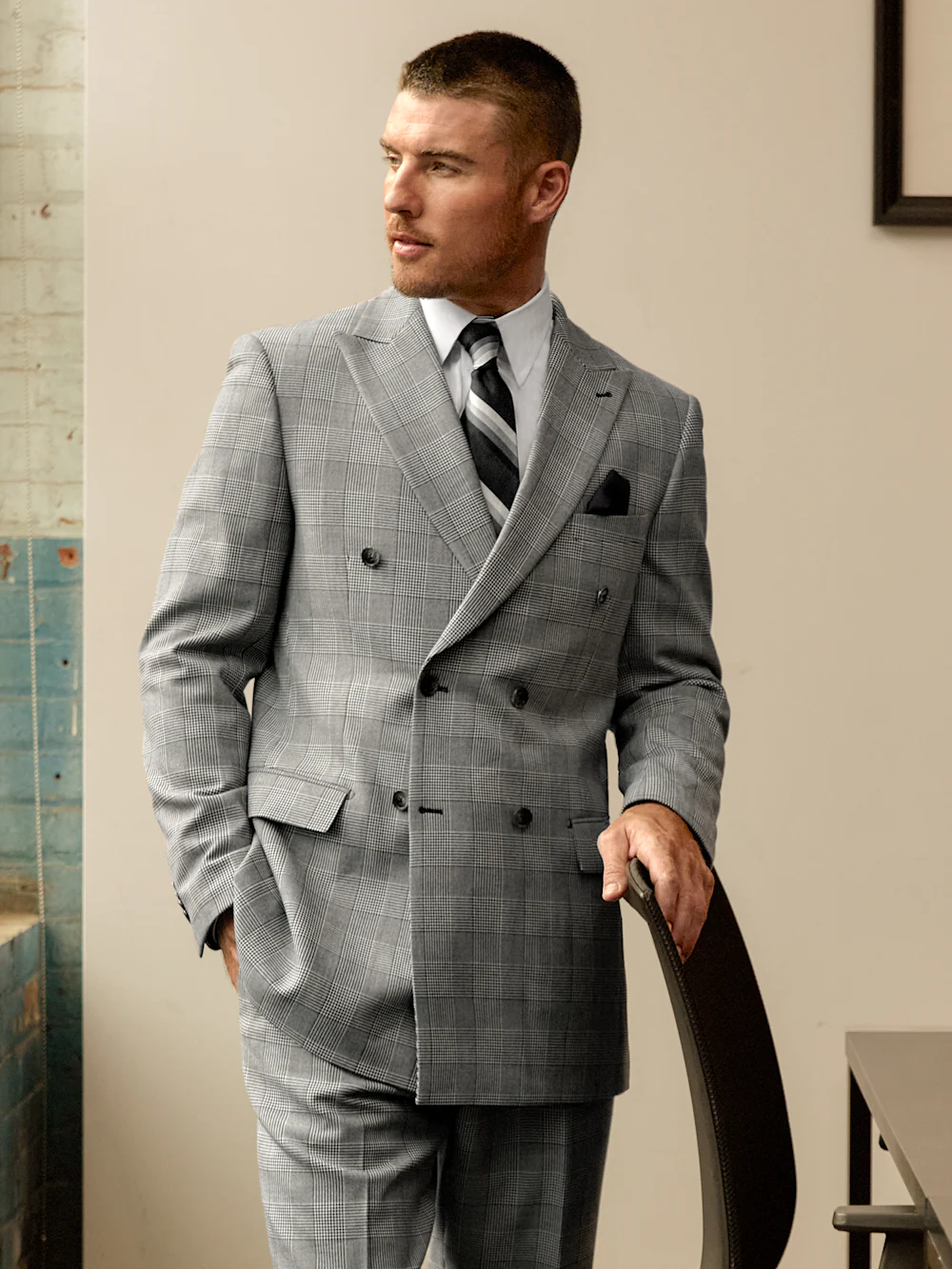 Black/White Plaid Houndstooth Double Breasted Peak Lapel Suit Jacket - Black/white - Image 8
