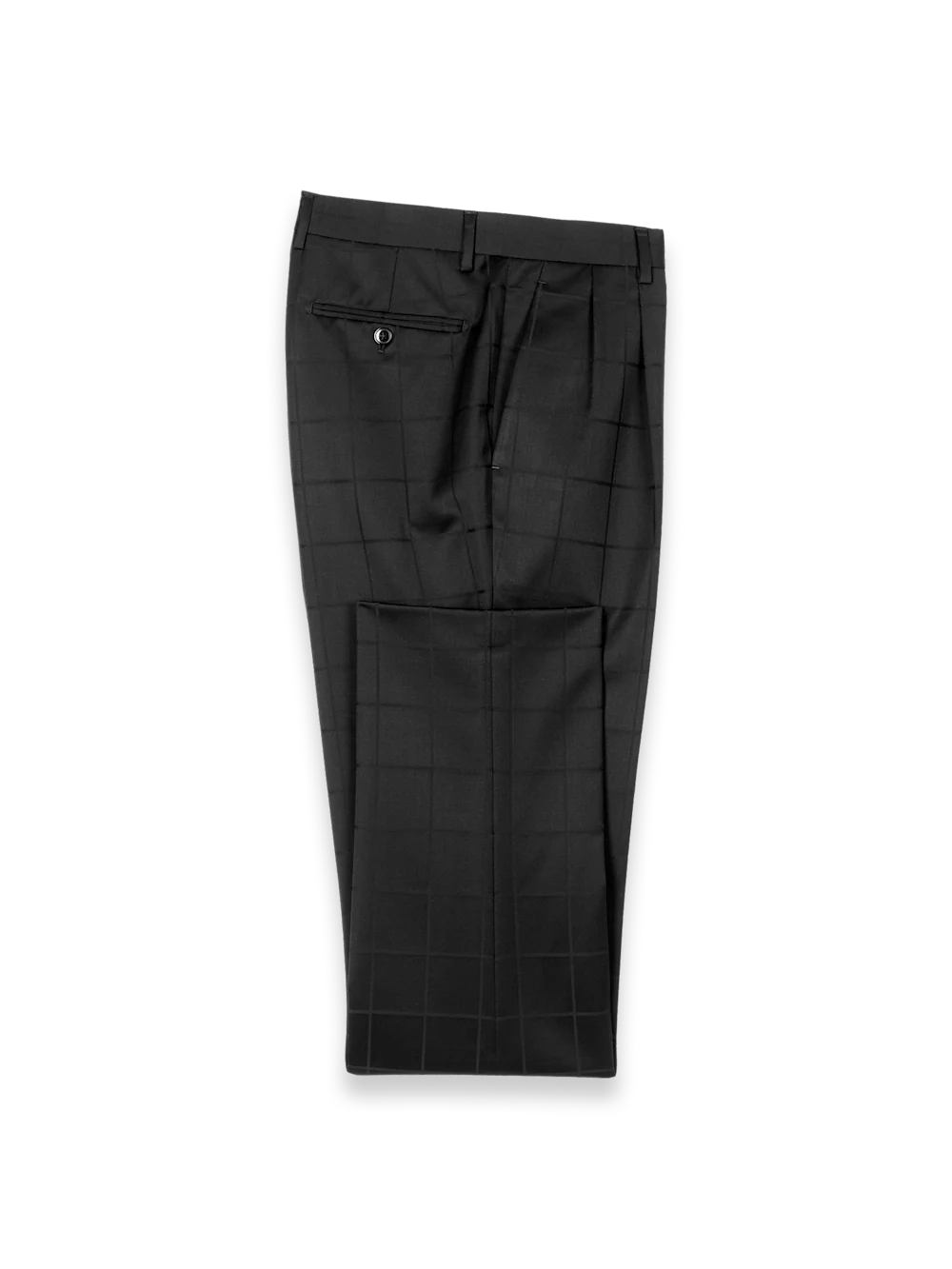 Black Wool Windowpane Double Pleated Suit Pants - Black
