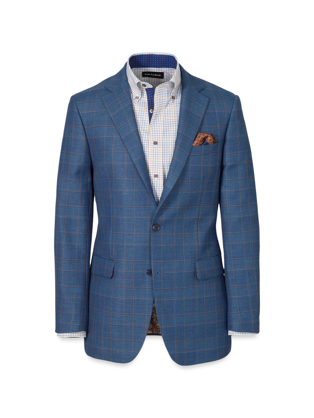 Blue/Tan Wool Blend Plaid Single Breasted Notch Lapel Suit Jacket - Blue/tan