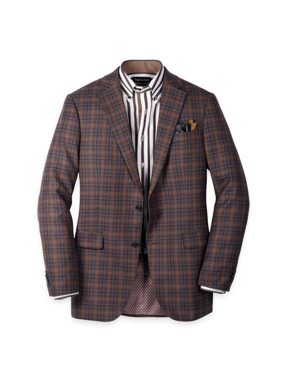Brown/Navy Wool Blend Plaid Single Breasted Notch Lapel Sport Coat - Brown/navy