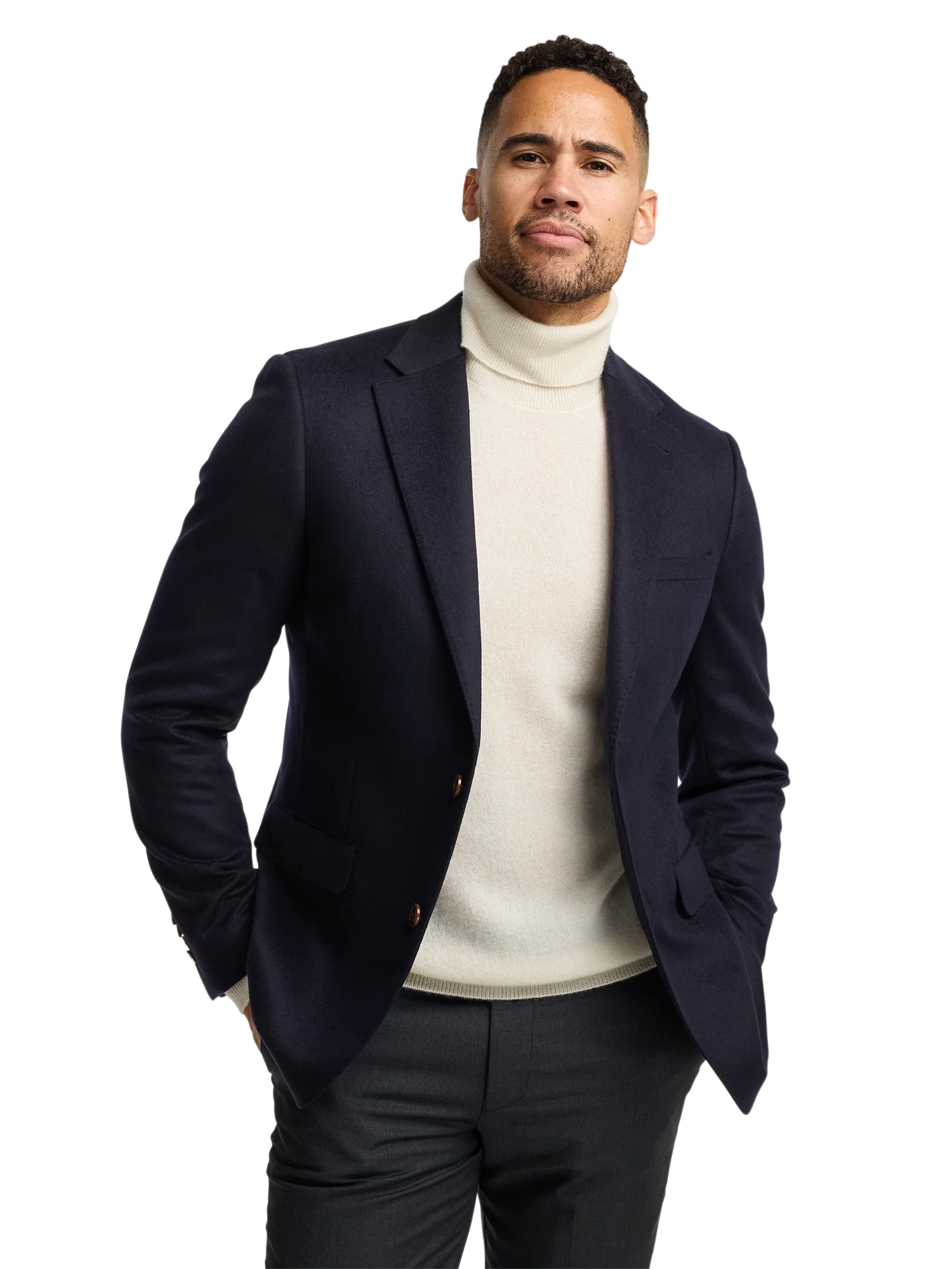 Cashmere Single Breasted Notch Lapel Sport Coat - Navy - Image 2