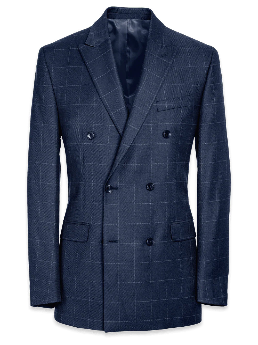 Classic Fit Essential Wool Double Breasted Peak Lapel Suit Jacket - Navy Windowpane