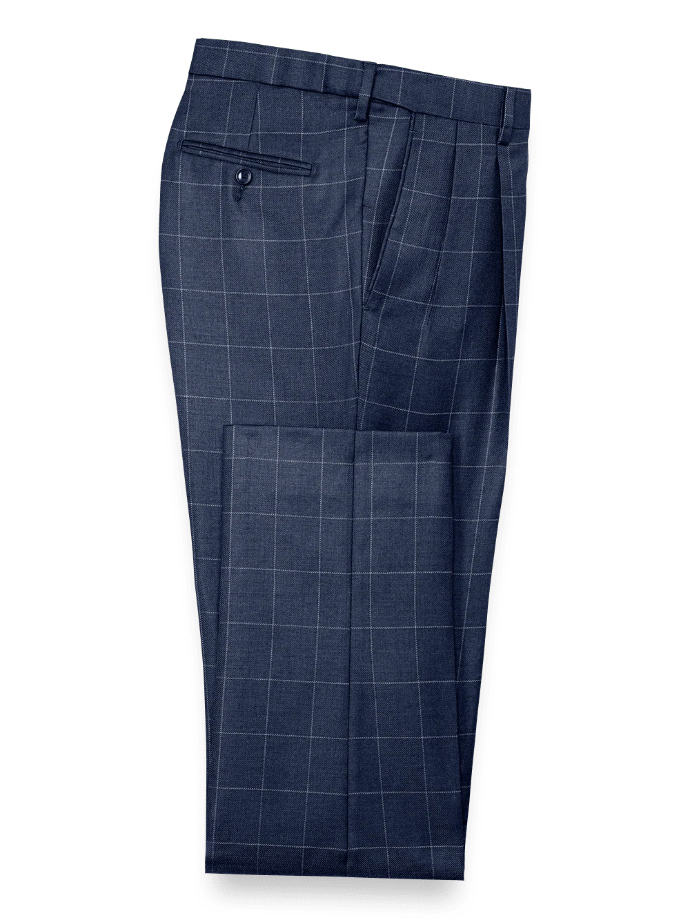 Classic Fit Essential Wool Pleated Suit Pants - Navy Windowpane