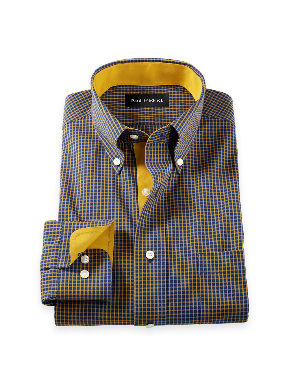 Comfort Stretch Non-Iron Check Dress Shirt With Contrast Trim - Navy/gold