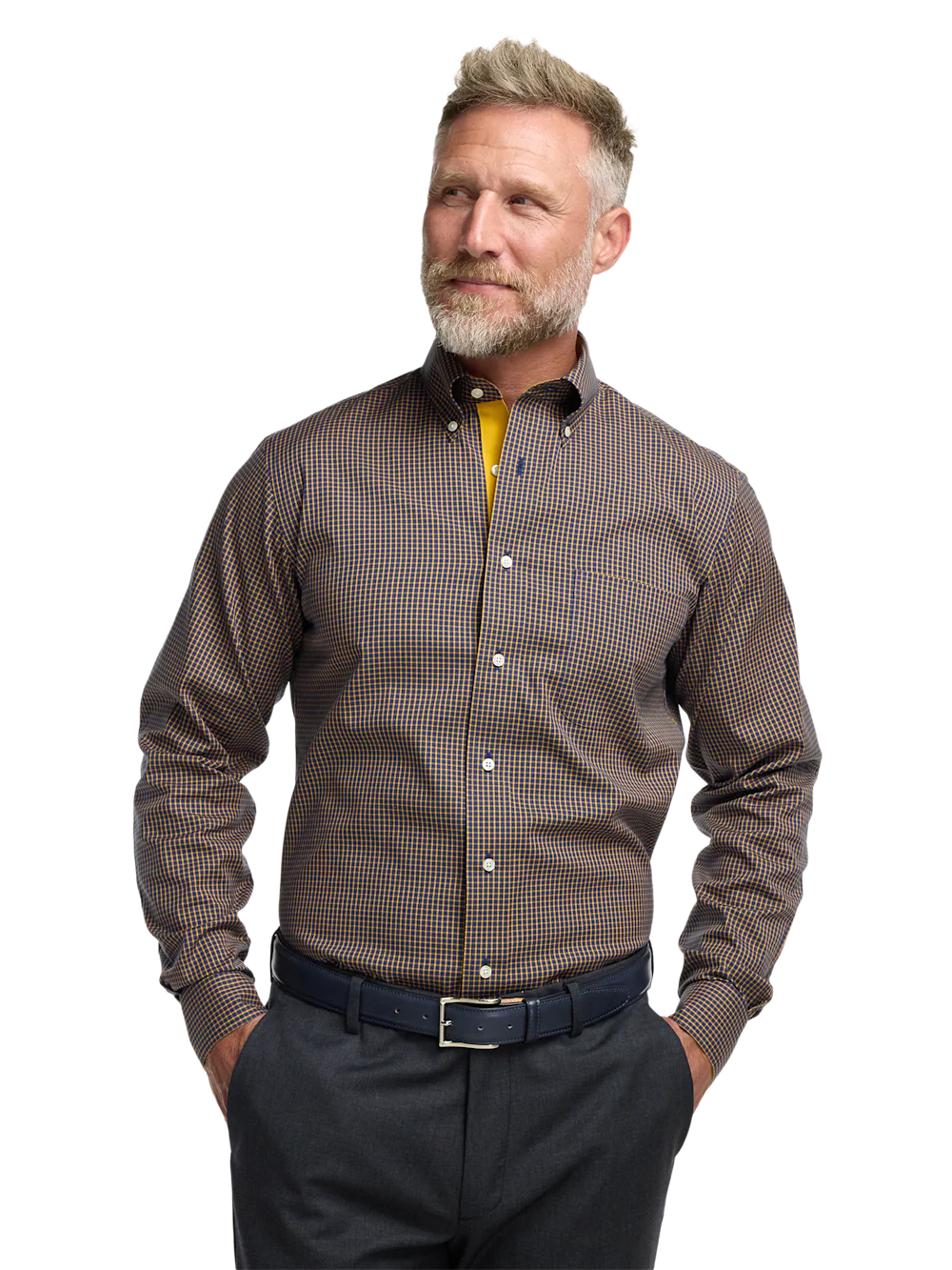 Comfort Stretch Non-Iron Check Dress Shirt With Contrast Trim - Navy/gold - Image 2