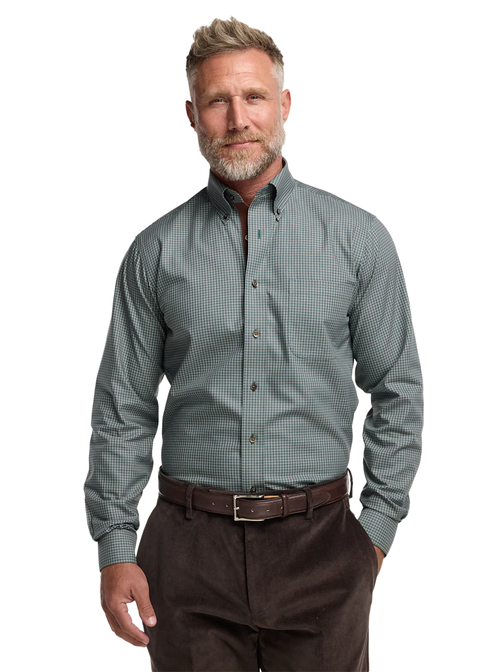 Comfort Stretch Non-Iron Check Dress Shirt With Contrast Trim - Pine Green - Image 2