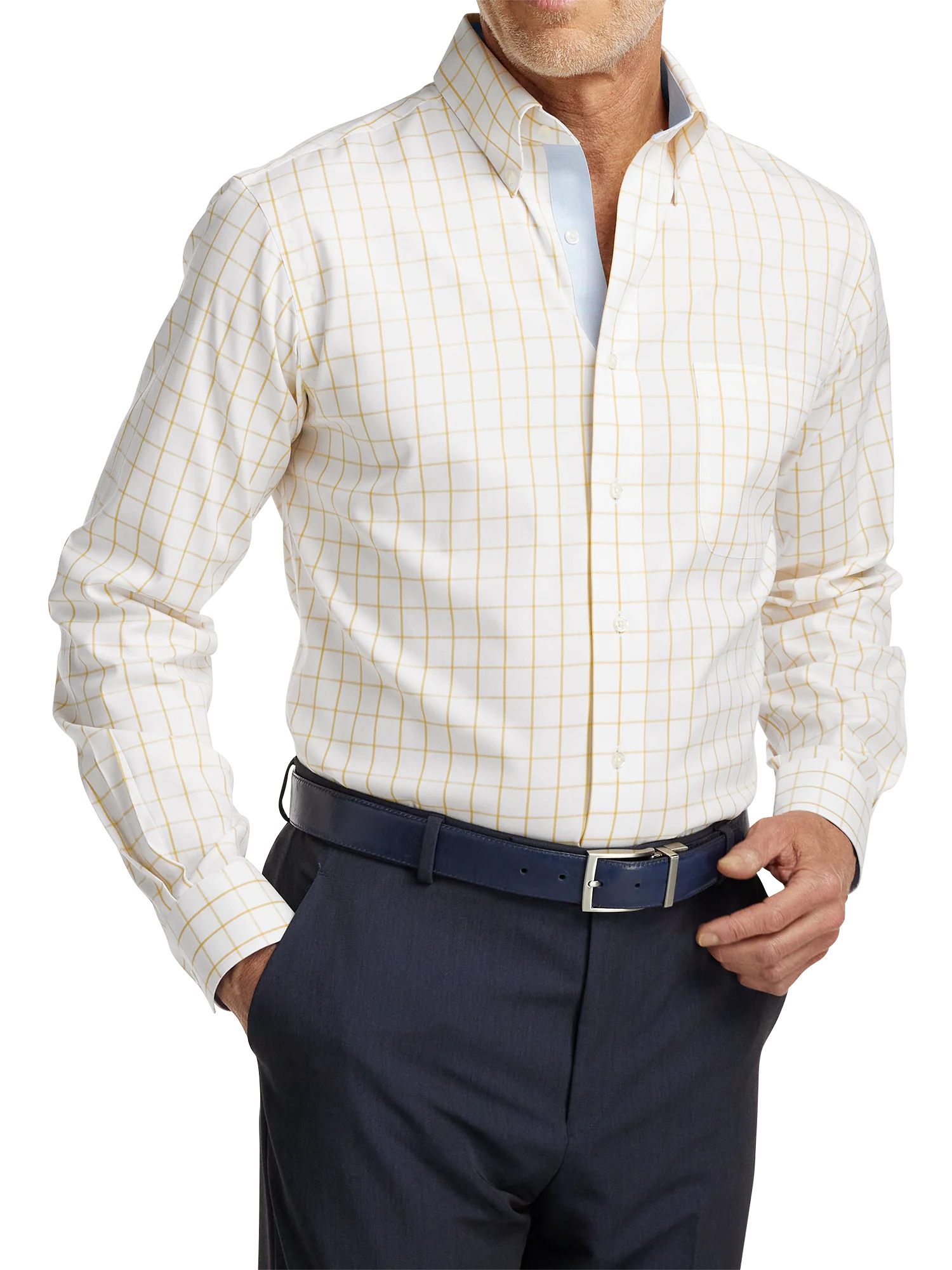 Comfort Stretch Non-Iron Check Dress Shirt With Contrast Trim - Yellow - Image 2