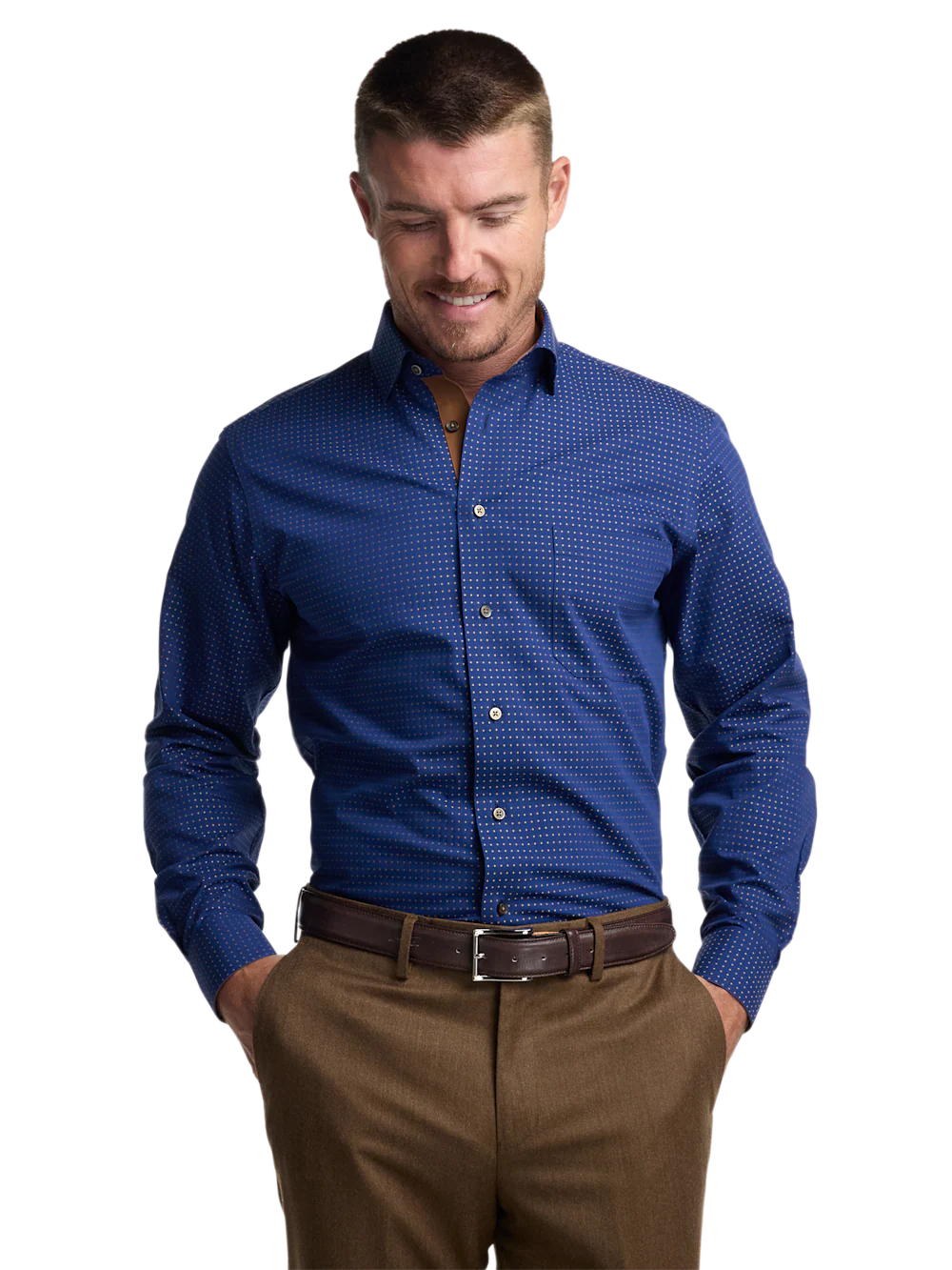 Comfort Stretch Non-Iron Dot Dress Shirt With Contrast Trim - Navy/brown - Image 2