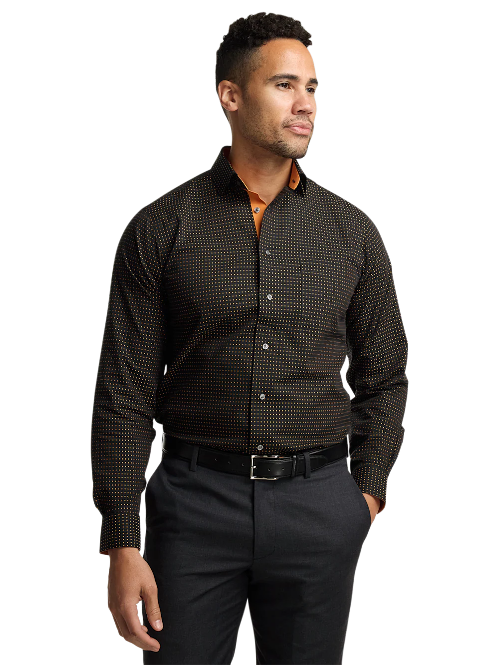 Comfort Stretch Non-Iron Dot Dress Shirt With Contrast Trim - Black/orange - Image 2