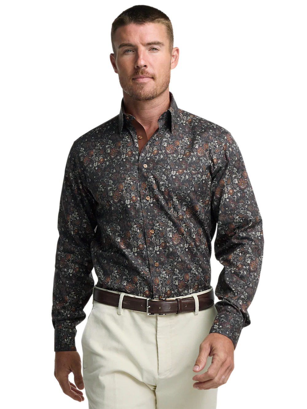 Comfort Stretch Non-Iron Floral Dress Shirt With Contrast Trim - Brown Multi - Image 2