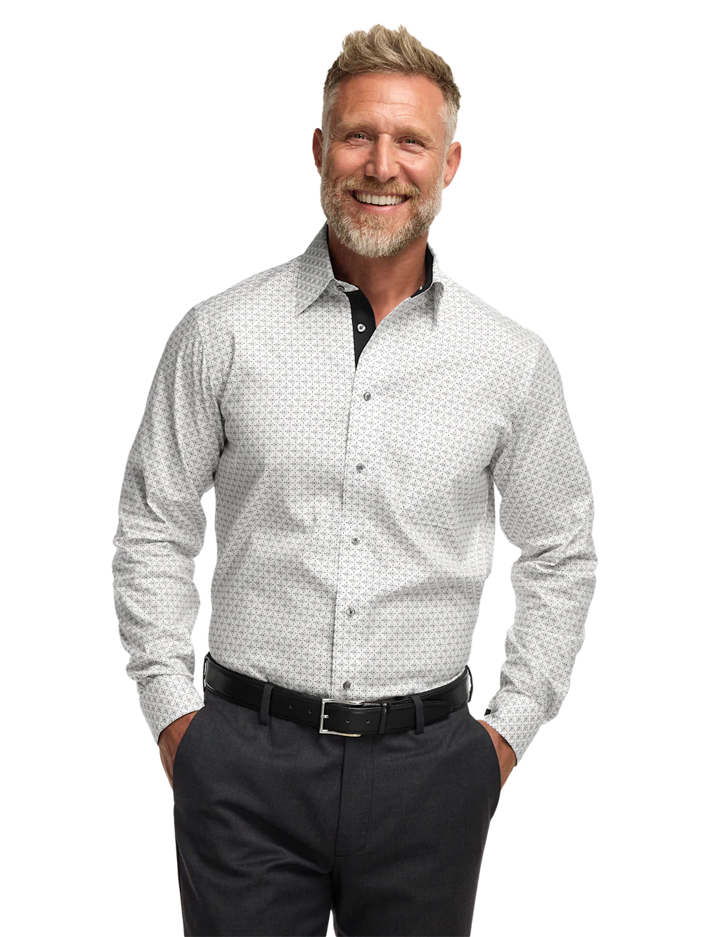 Comfort Stretch Non-Iron Geometric Dress Shirt With Contrast Trim - Black/white - Image 2