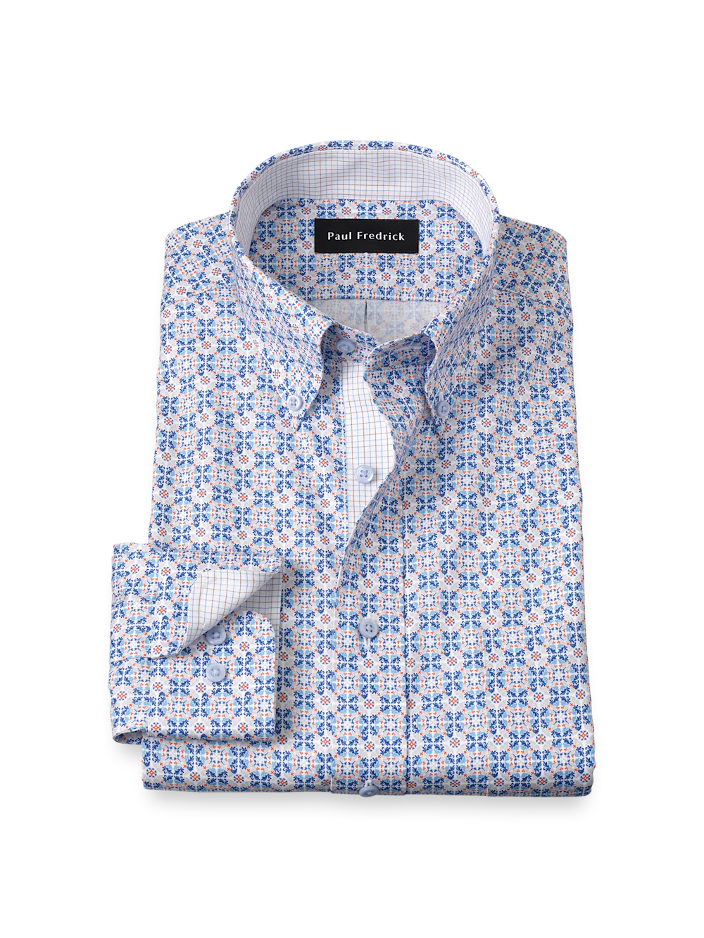 Comfort Stretch Non-Iron Medallion Dress Shirt With Contrast Trim - Blue/melon