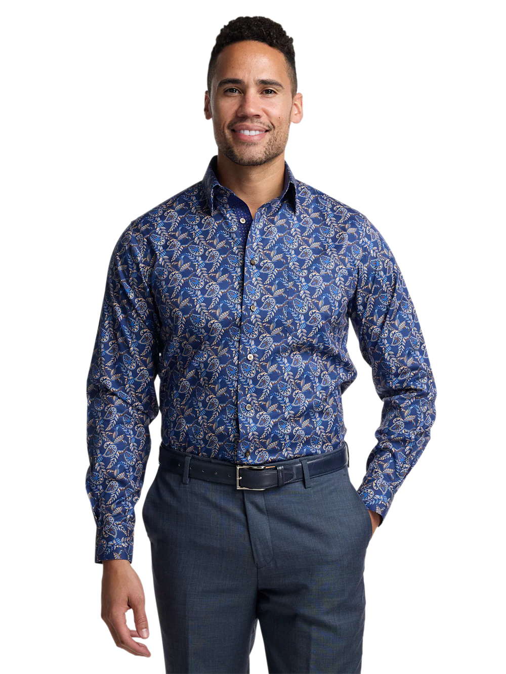 Comfort Stretch Non-Iron Paisley Dress Shirt With Contrast Trim - Navy Multi - Image 2