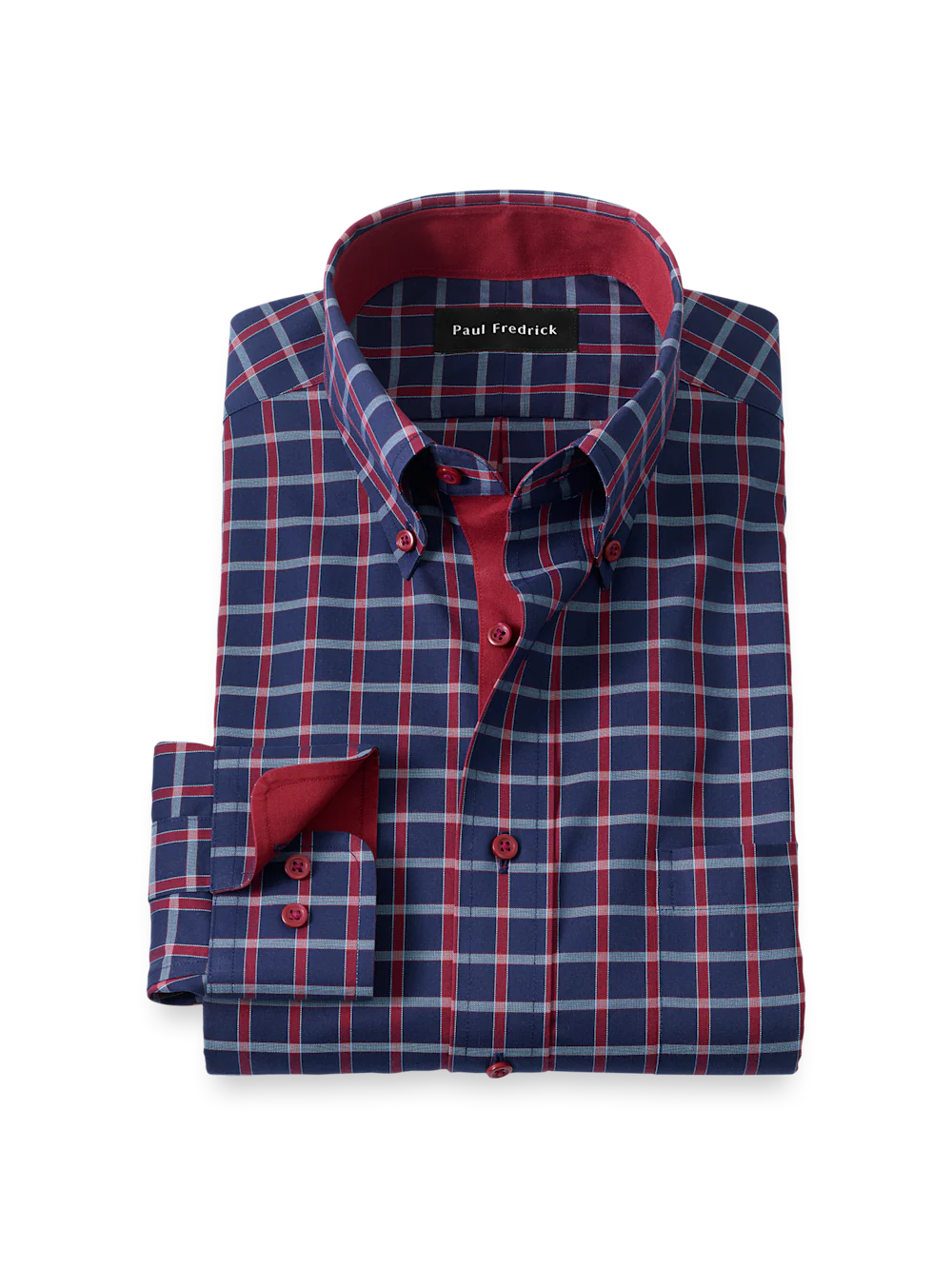Comfort Stretch Non-Iron Plaid Dress Shirt With Contrast Trim - Navy/red