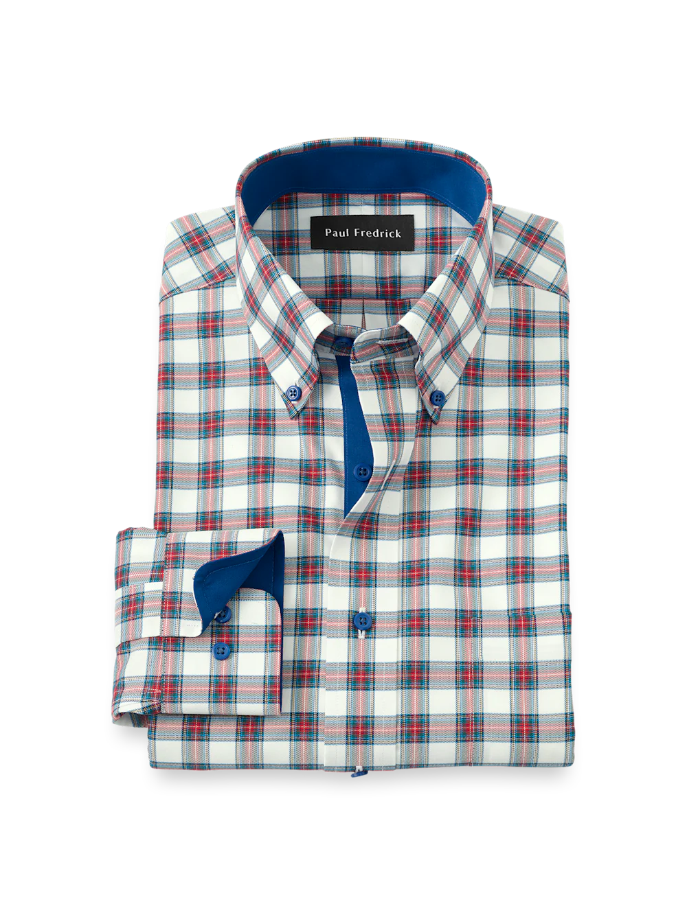 Comfort Stretch Non-Iron Plaid Dress Shirt With Contrast Trim - White Multi
