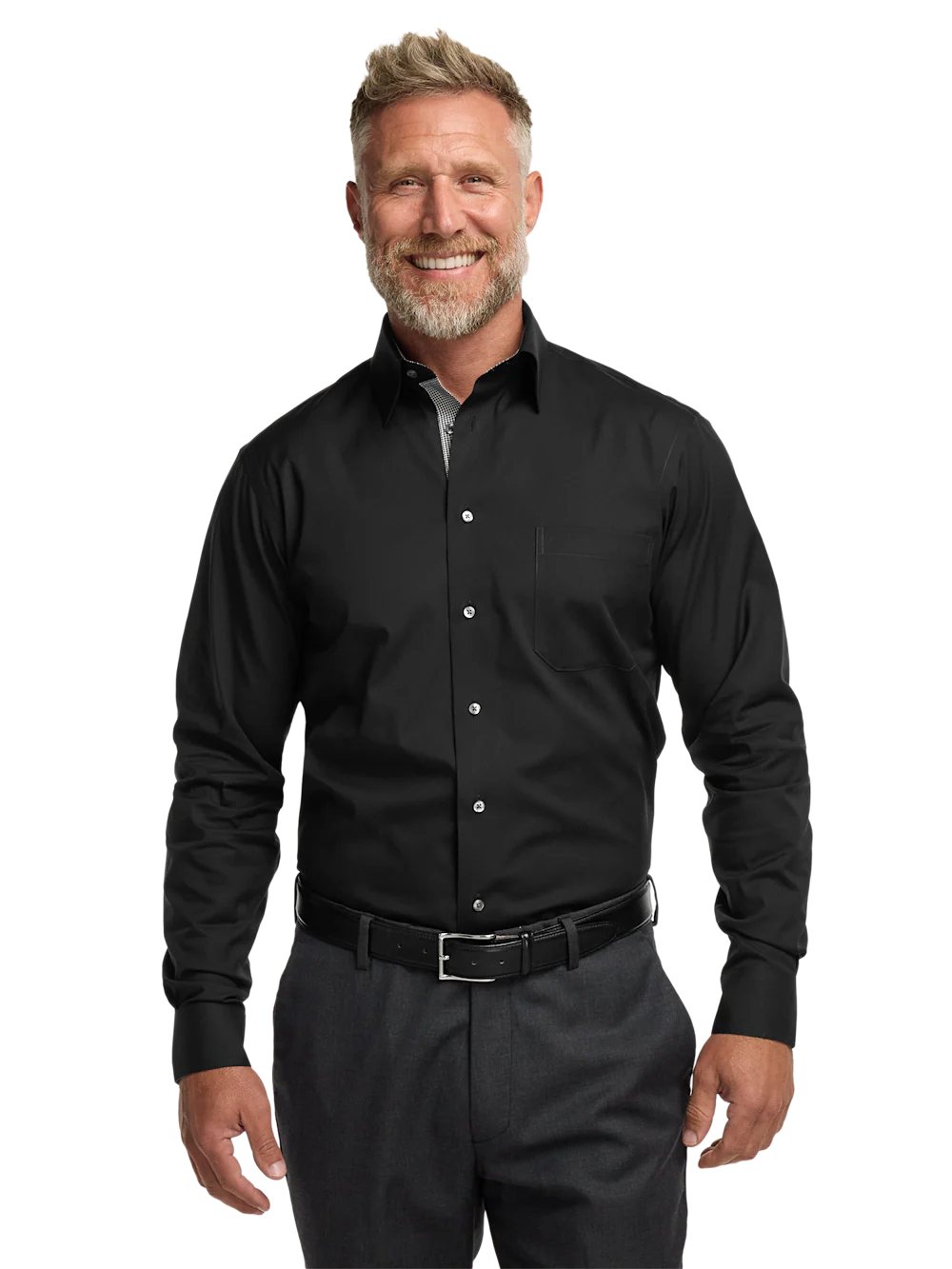 Comfort Stretch Non-Iron Solid Dress Shirt With Contrast Trim - Black - Image 2