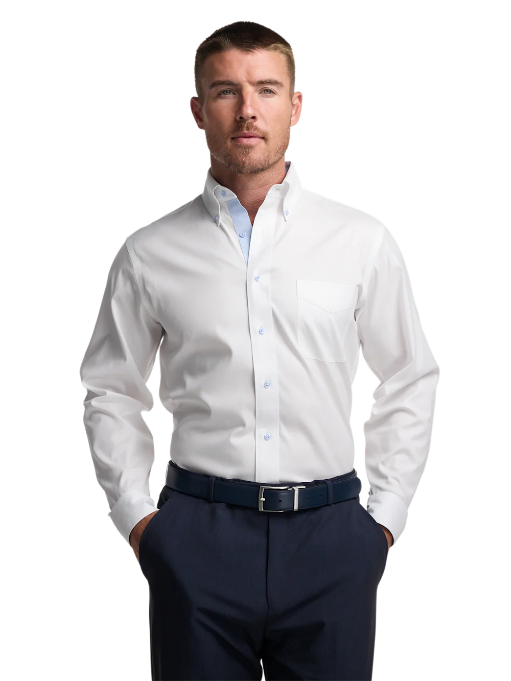 Comfort Stretch Non-Iron Solid Dress Shirt With Contrast Trim - White/blue - Image 2