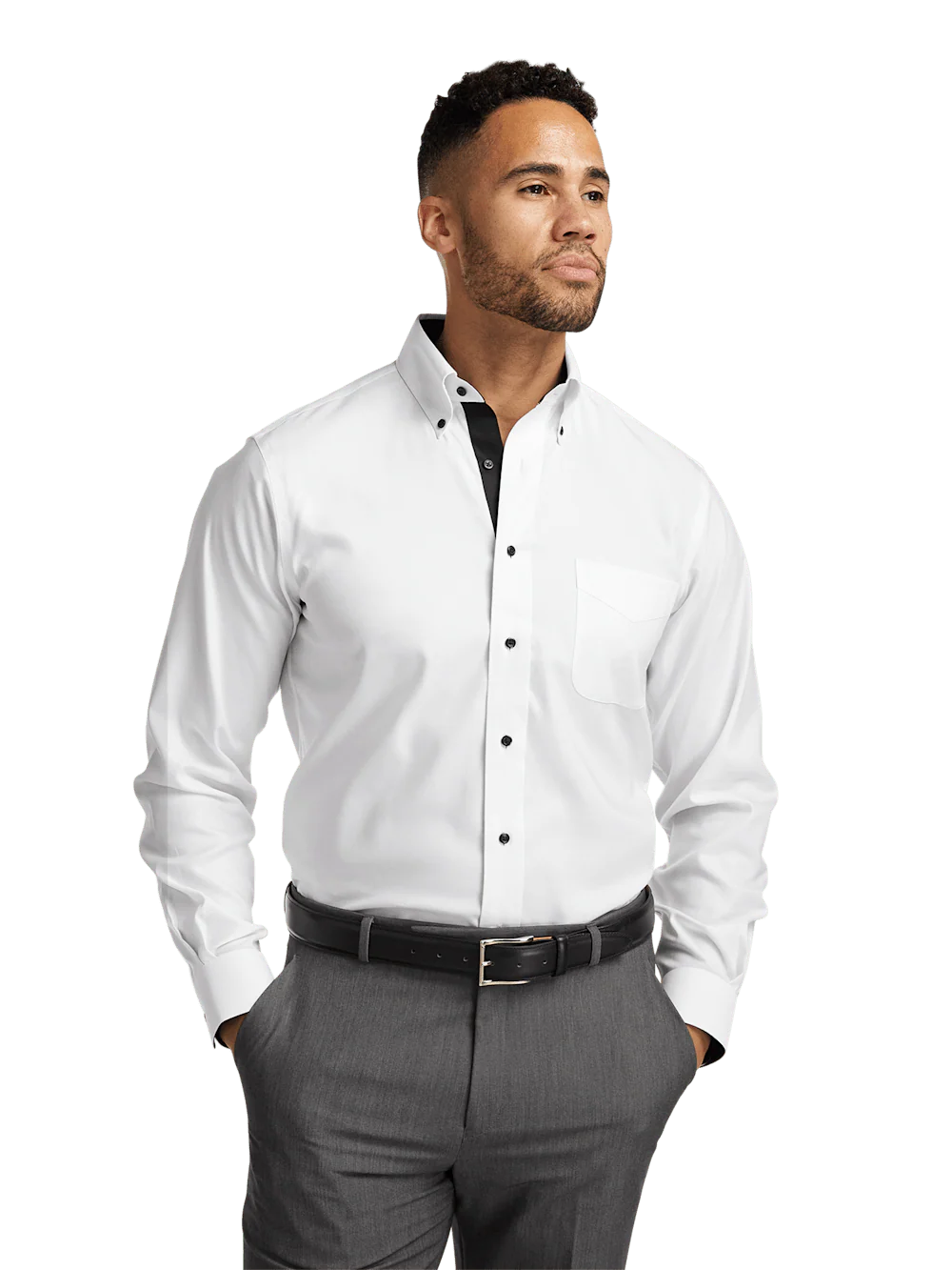 Comfort Stretch Non-Iron Solid Dress Shirt With Contrast Trim - White/black - Image 2