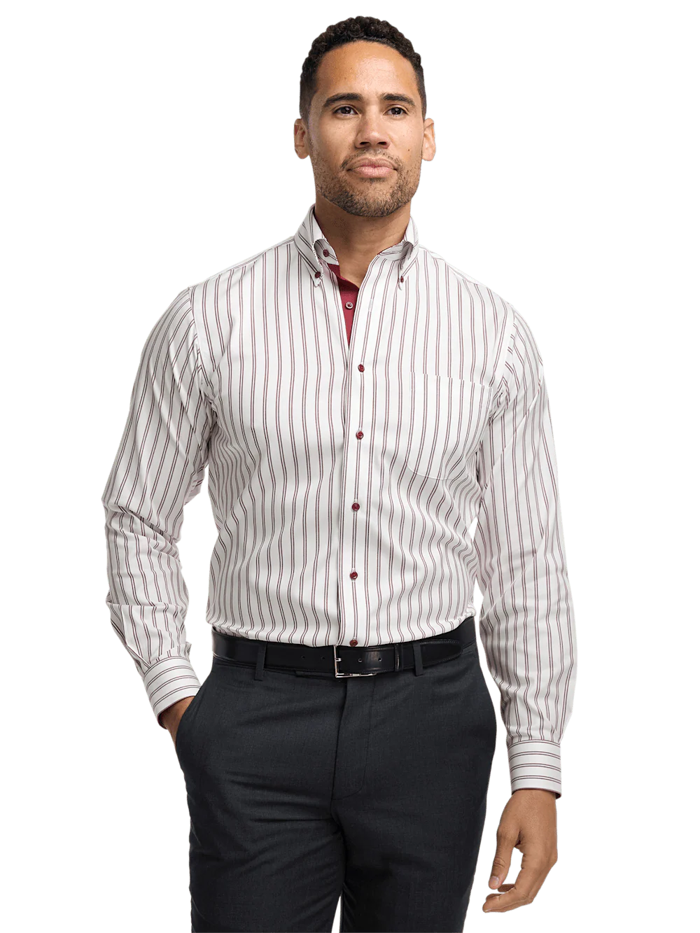 Comfort Stretch Non-Iron Stripe Dress Shirt With Contrast Trim - Burgundy - Image 2