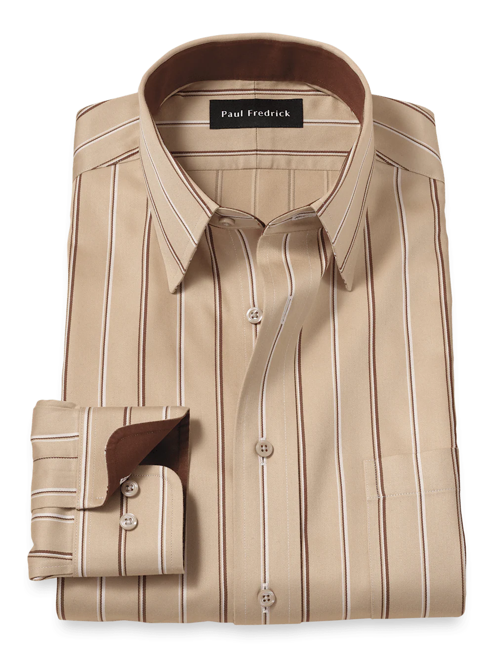 Comfort Stretch Non-Iron Stripe Dress Shirt With Contrast Trim - Tan