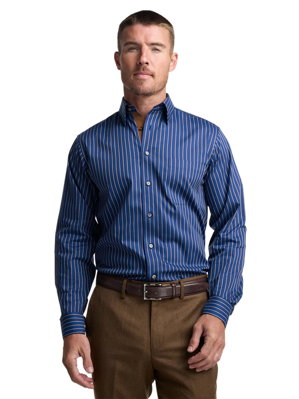 Comfort Stretch Non-Iron Stripe Dress Shirt With Contrast Trim - Navy/brown - Image 2