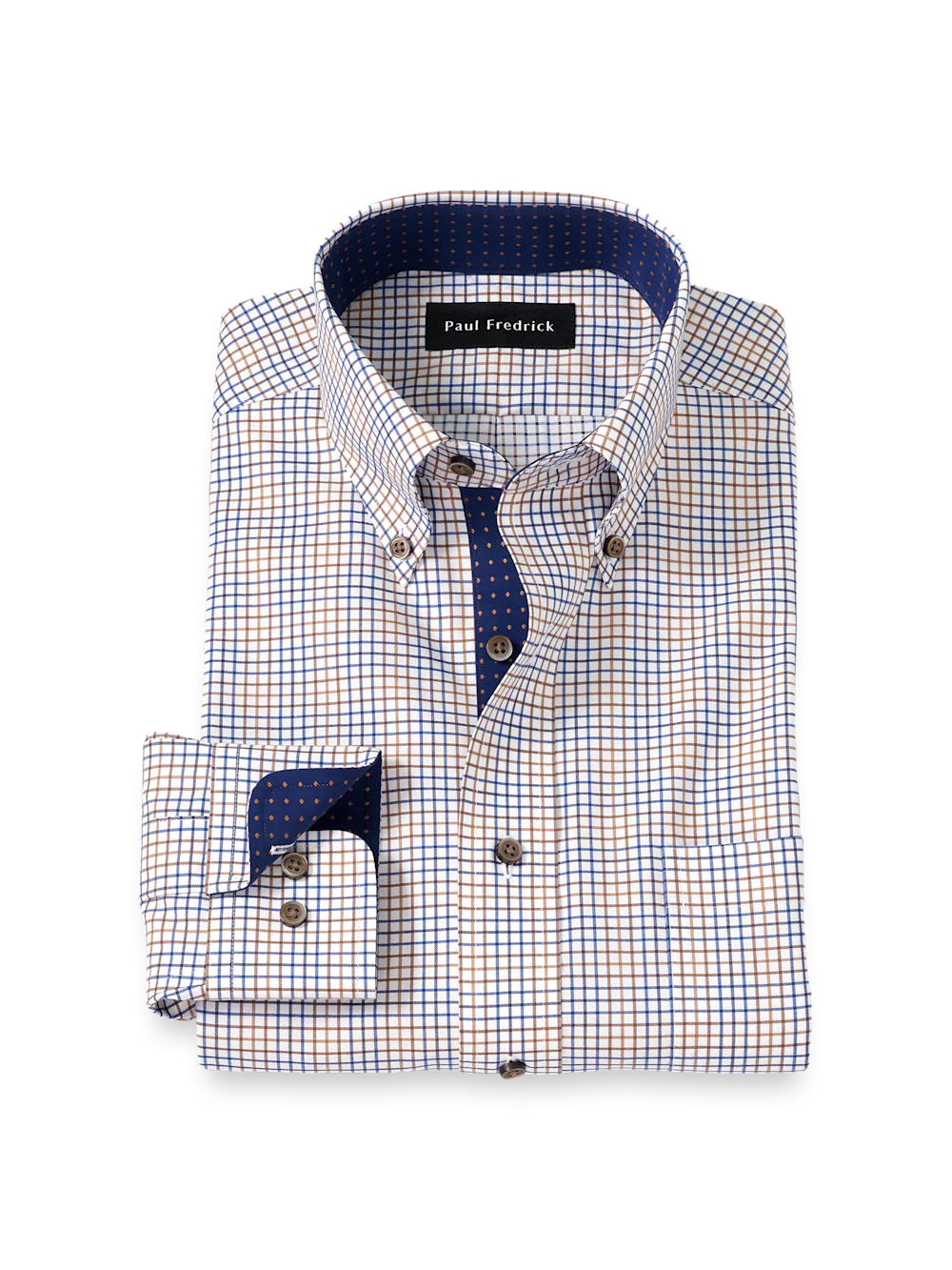 Comfort Stretch Non-Iron Tattersall Dress Shirt With Contrast Trim - Navy/tan