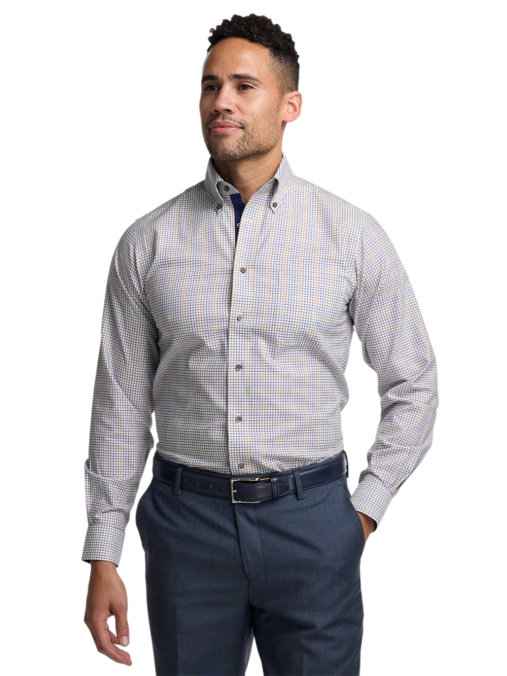 Comfort Stretch Non-Iron Tattersall Dress Shirt With Contrast Trim - Navy/tan - Image 2