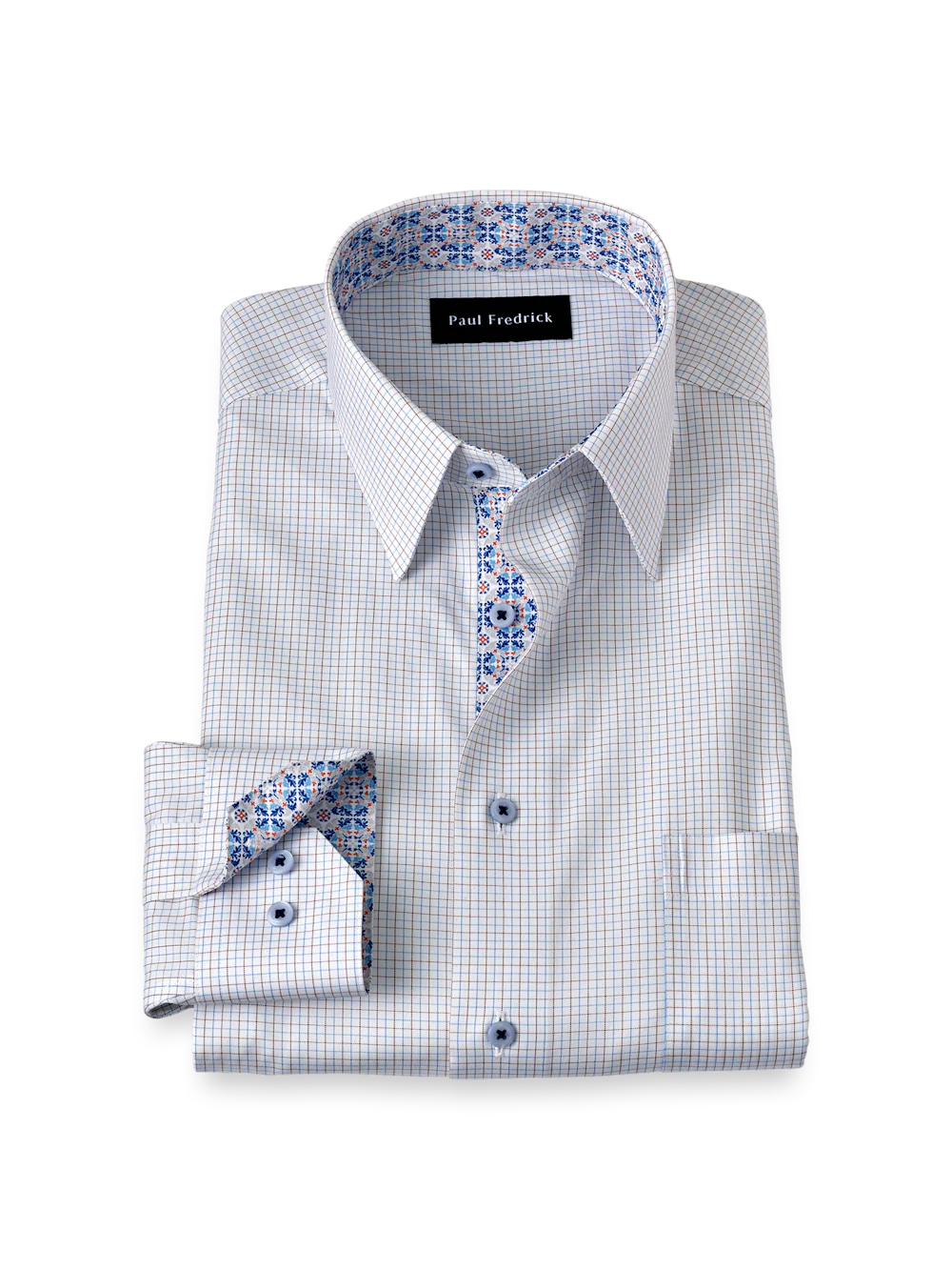 Comfort Stretch Non-Iron Windowpane Dress Shirt With Contrast Trim - Blue/brown