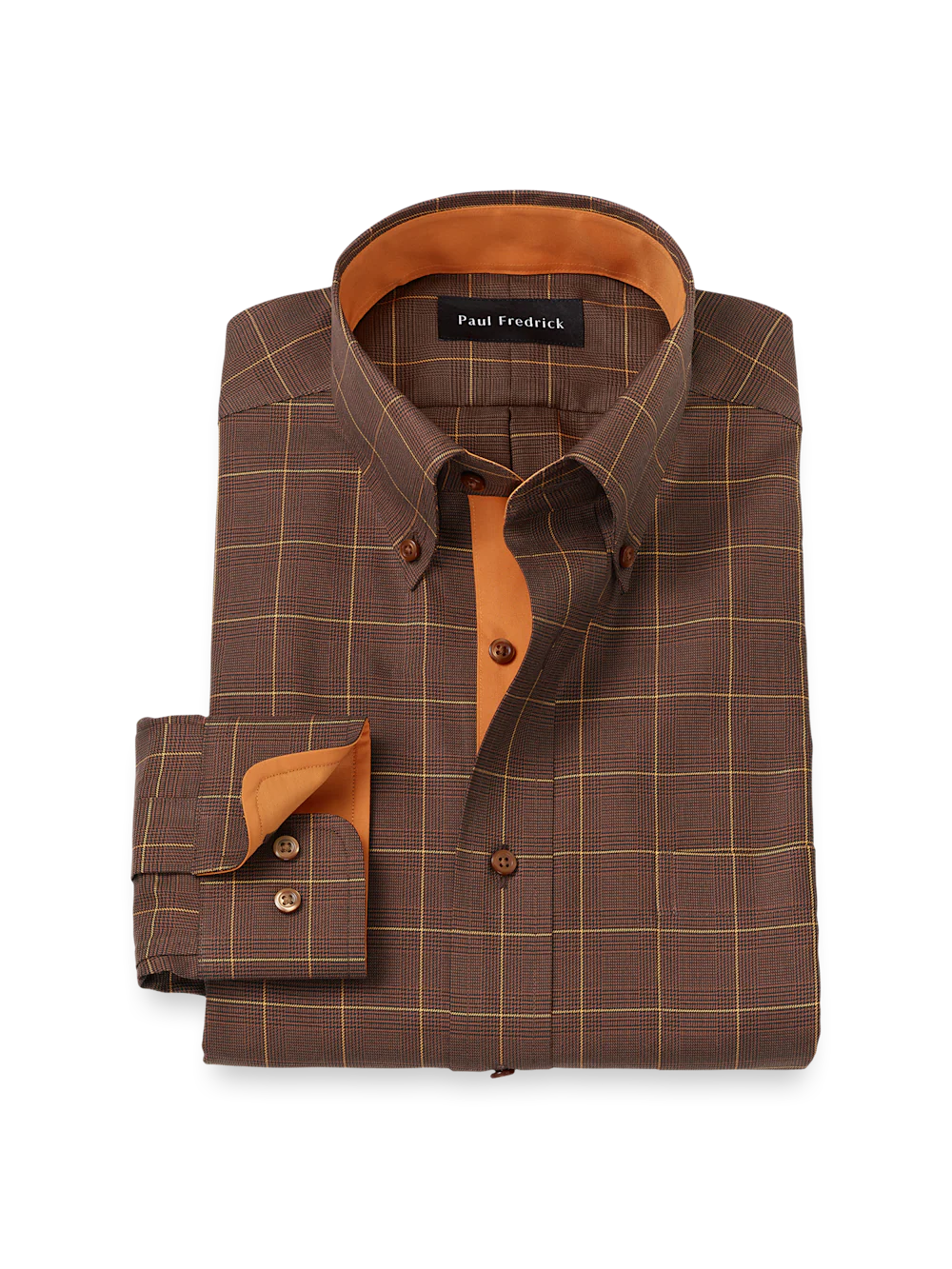 Comfort Stretch Non-Iron Windowpane Dress Shirt With Contrast Trim - Brown/orange