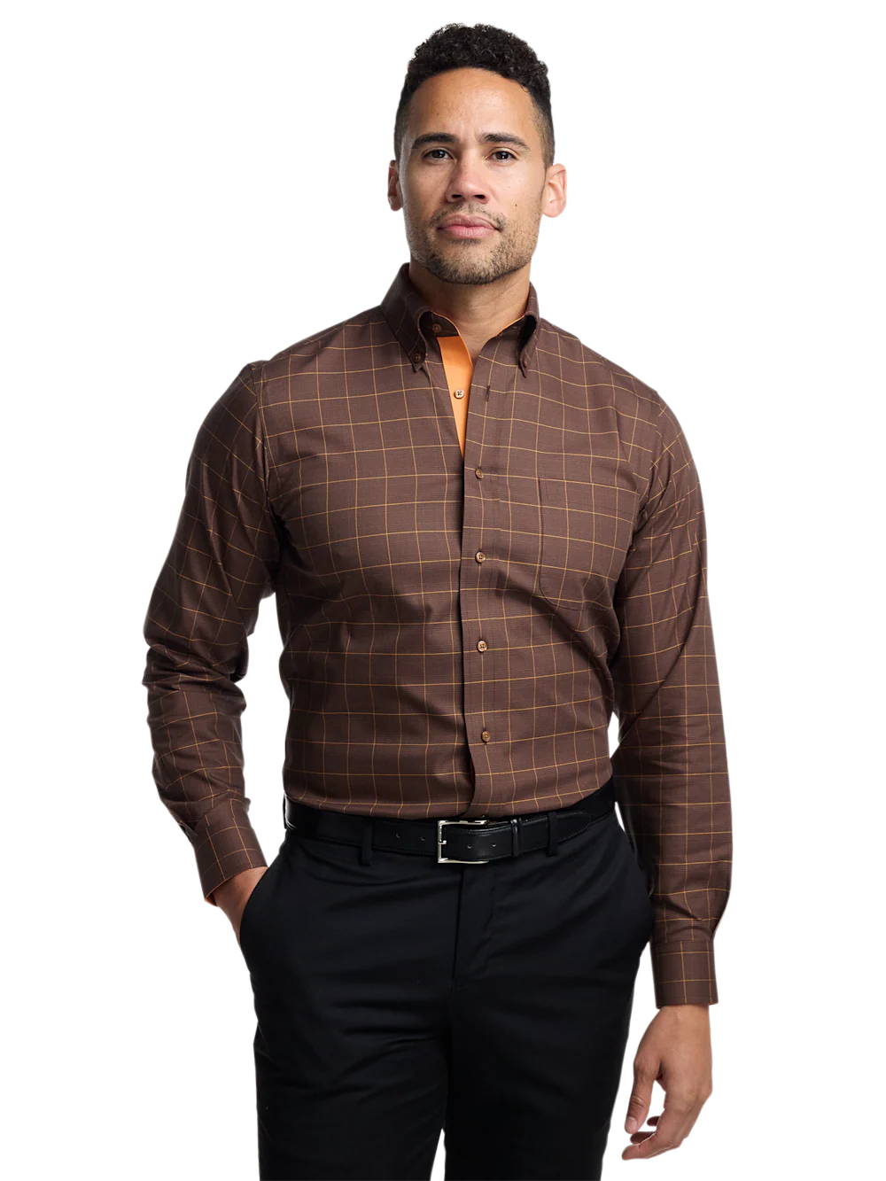 Comfort Stretch Non-Iron Windowpane Dress Shirt With Contrast Trim - Brown/orange - Image 2
