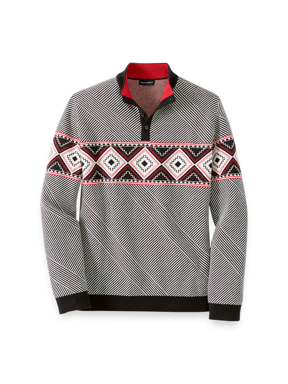 Cotton 4-button Mock Neck Sweater - Black/red