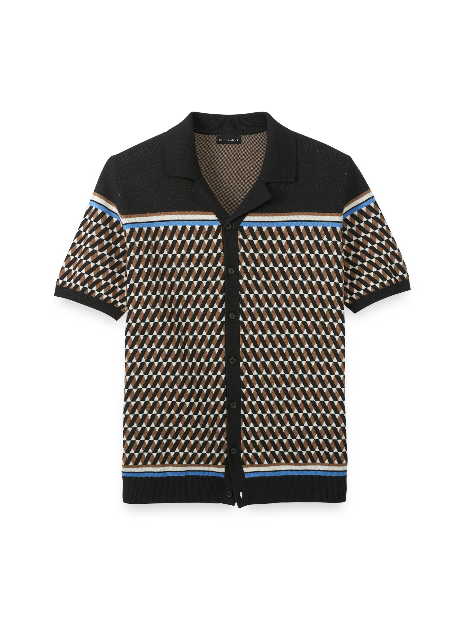 Cotton Button Front Camp Collar Sweater - Black/brown
