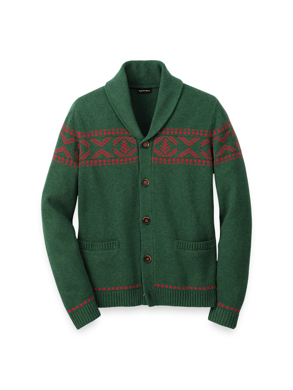 Cotton Button Front Fair Isle Shawl Collar Cardigan Sweater - Green