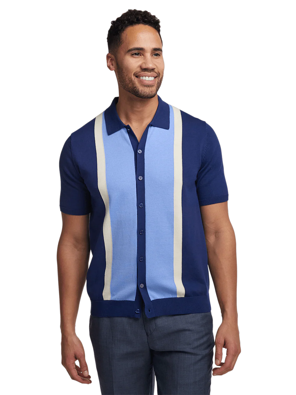 Cotton Button Front Polo - Navy - Image 2