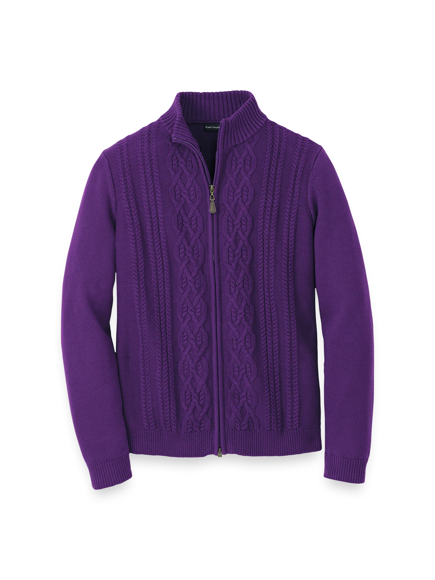 Cotton Cable Full Zip Mock Neck Sweater - Purple