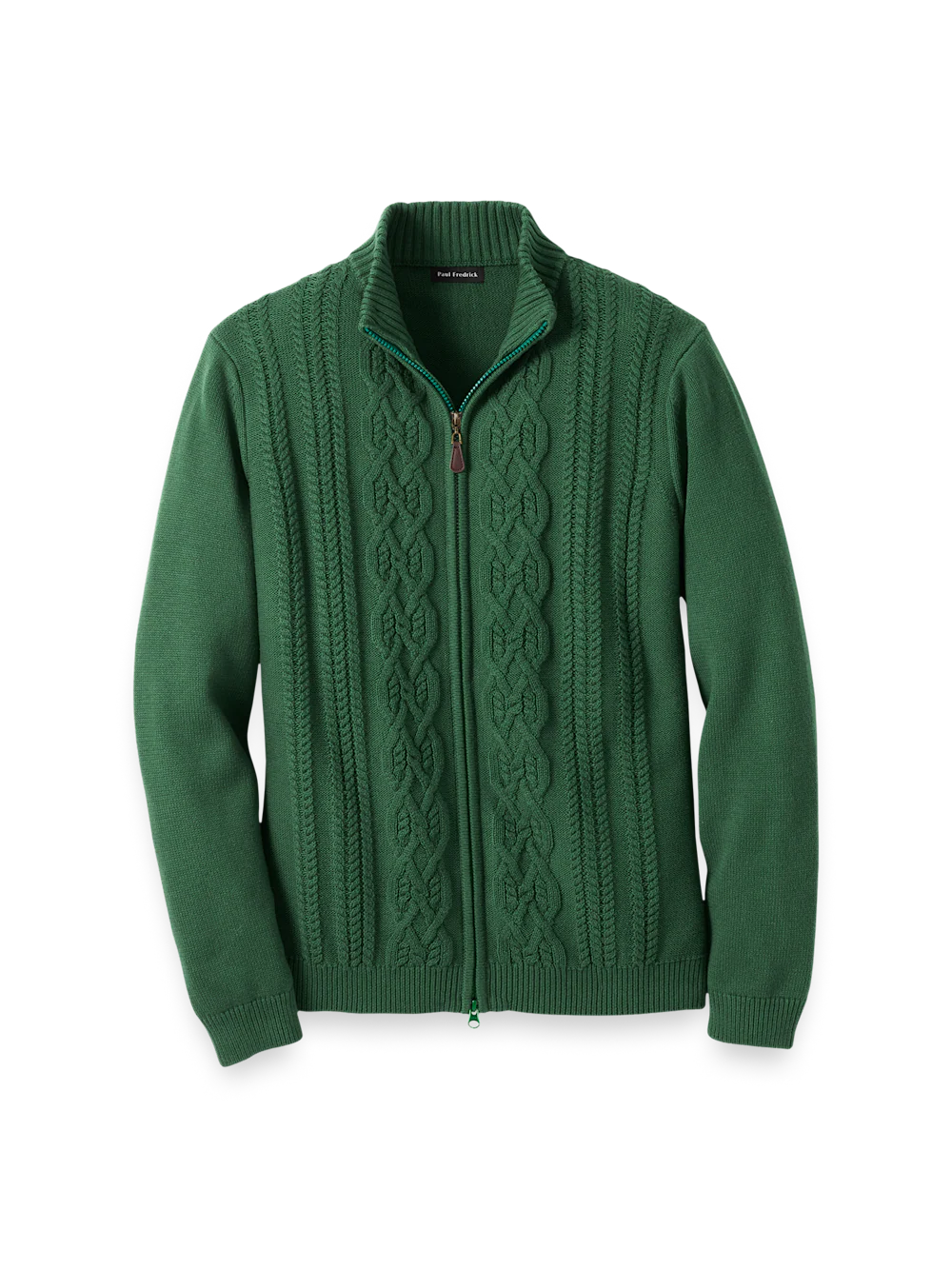 Cotton Cable Full Zip Mock Neck Sweater - Green