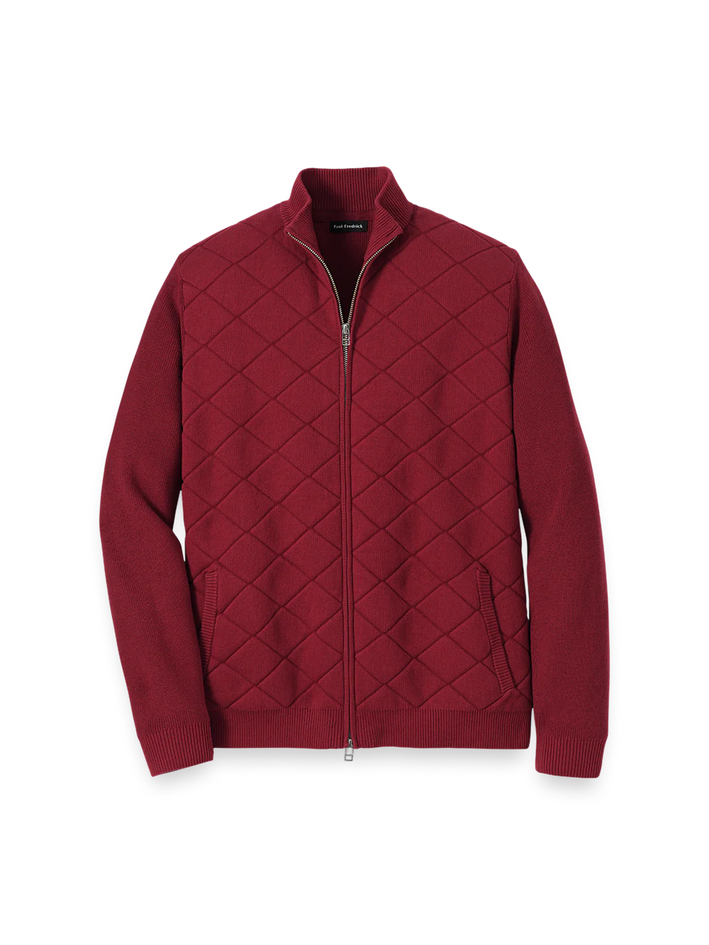 Cotton Full Zip Mock Neck Sweater Jacket - Burgundy