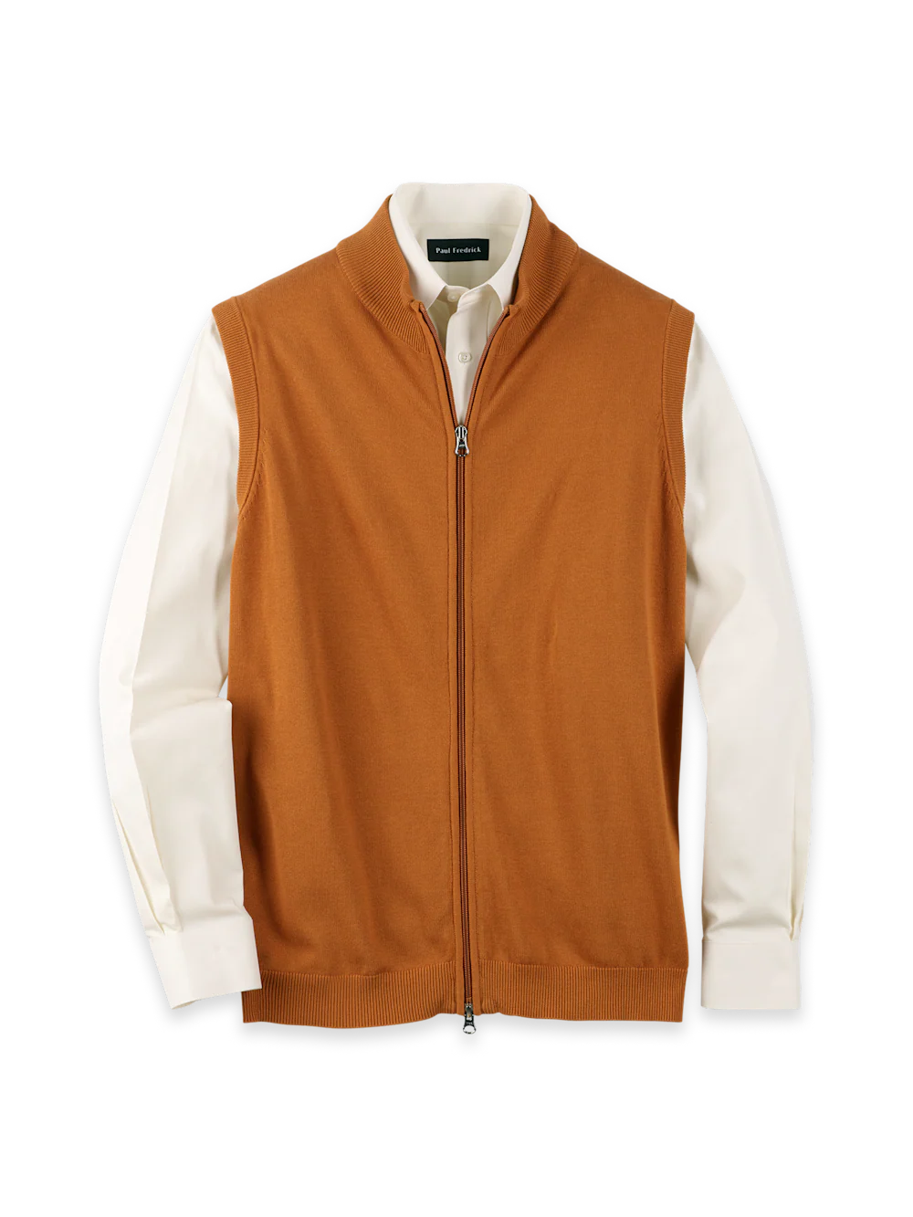 Cotton Full Zip Mock Neck Vest - Cognac
