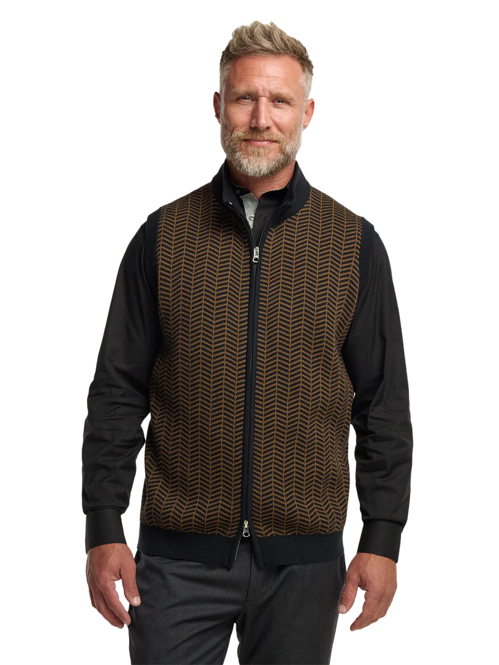 Cotton Full Zip Mock Neck Vest - Brown/black - Image 2