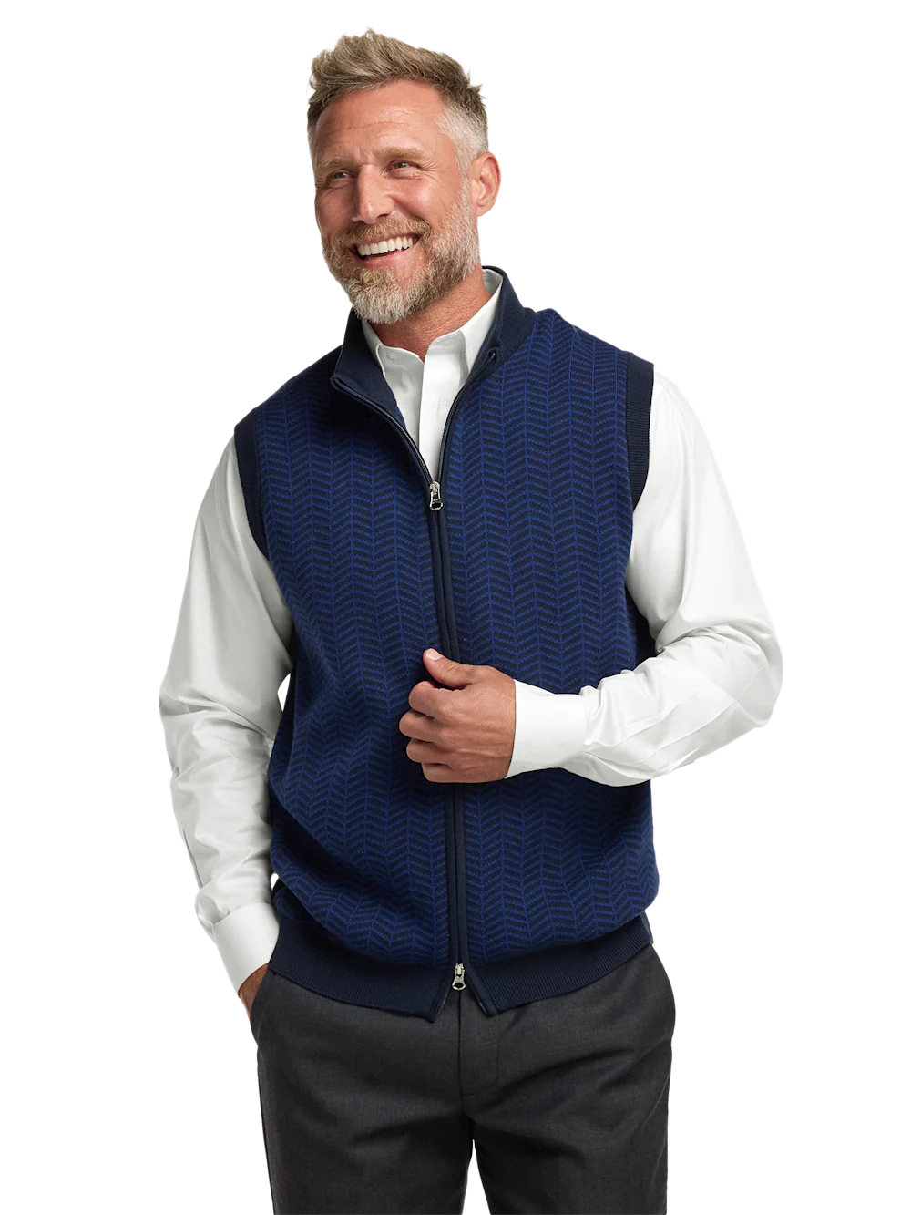 Cotton Full Zip Mock Neck Vest - Navy - Image 2