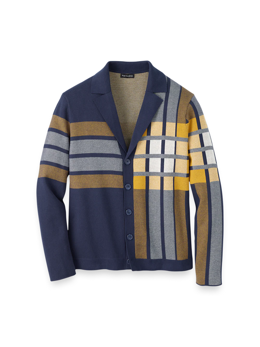 Cotton Notch Lapel Cardigan Sweater - Navy/gold
