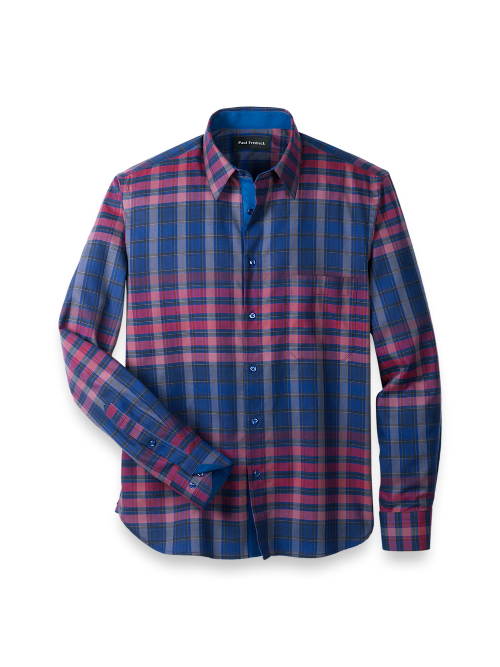 Cotton Plaid Point Collar Casual Shirt - Blue/burgundy