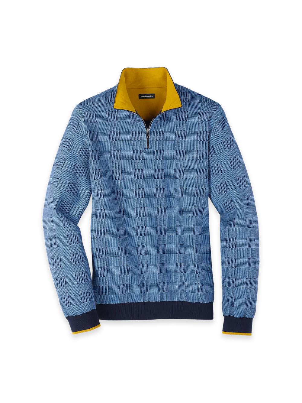 Cotton Quarter Zip Mock Neck Sweater - Blue/gold