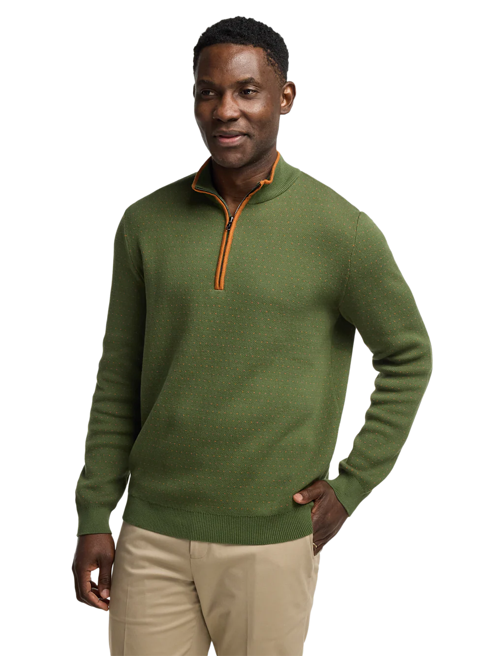 Cotton Quarter Zip Mock Neck Sweater - Olive - Image 2