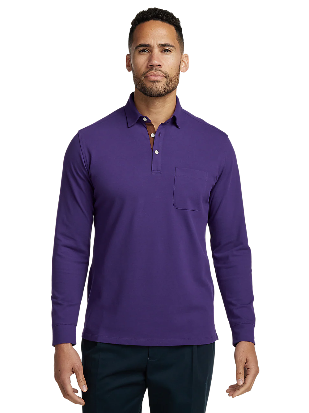 Cotton/Spandex Pique Three Button Polo - Purple - Image 2