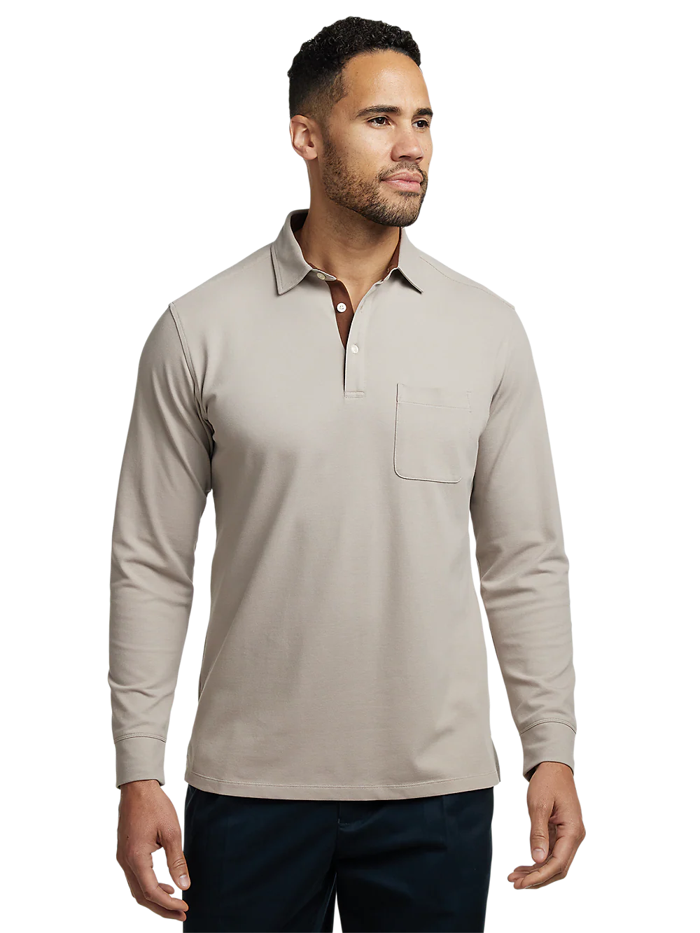 Cotton/Spandex Pique Three Button Polo - Taupe - Image 2