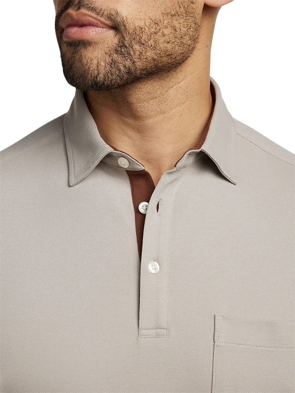 Cotton/Spandex Pique Three Button Polo - Taupe - Image 3