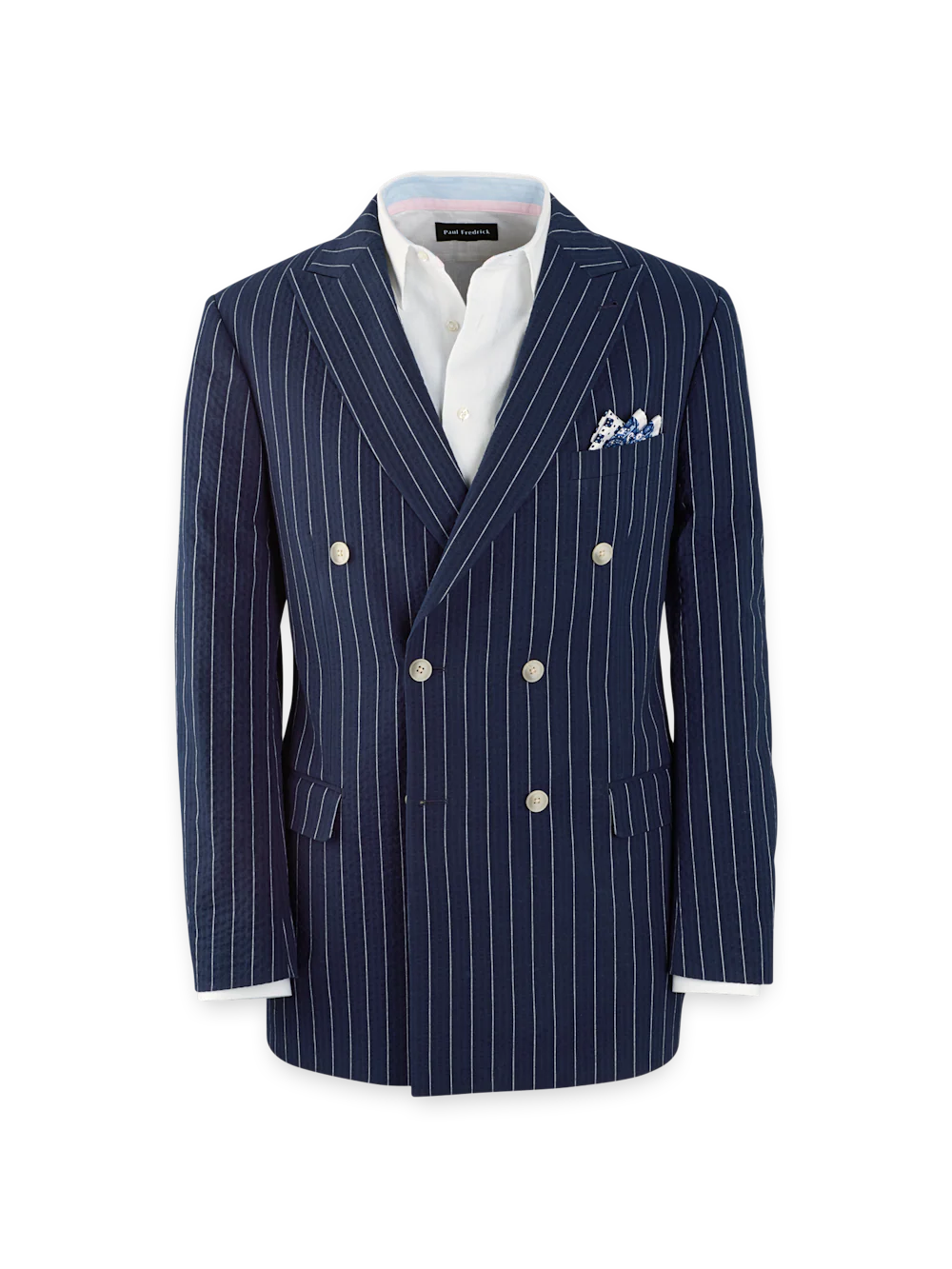 Cotton Stretch Pinstripe Seersucker Double Breasted Peak Lapel Suit Jacket - Navy