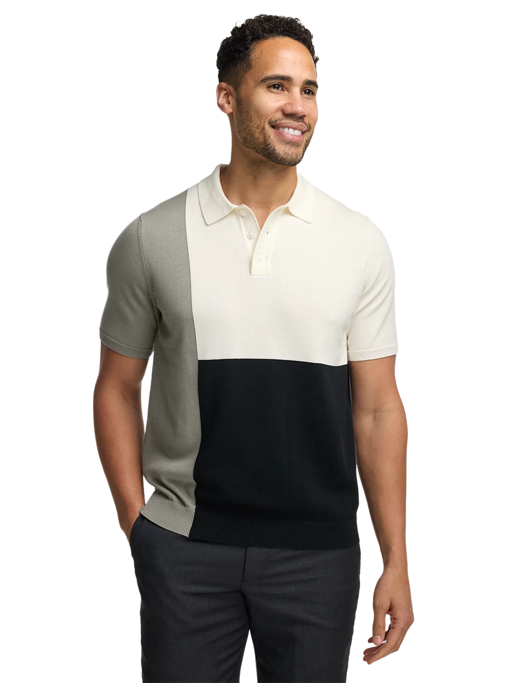 Cotton Three Button Polo - Black/white - Image 2